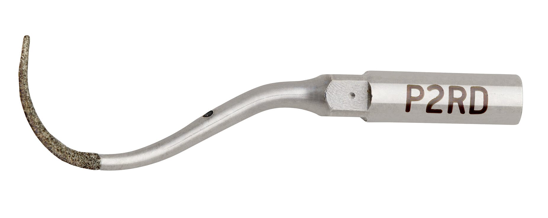 A close-up of the W&H P2RD textured tip for Piezomed, a metal dental ultrasonic scaler accessory with a curved, pointed end and hexagonal base for secure attachment.