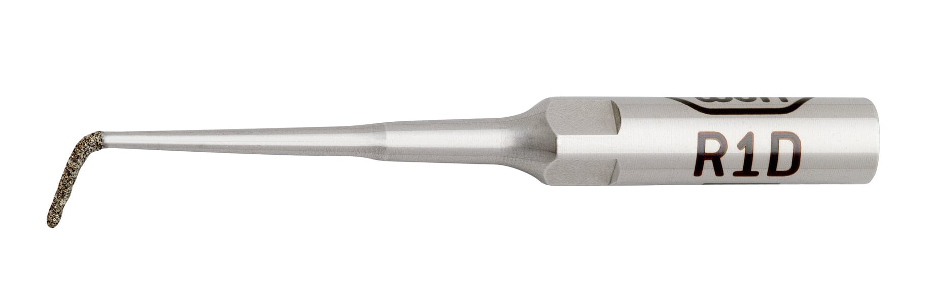 A close-up of the W&H R1D tip for Piezomed reveals a thin, angled, diamond-coated instrument with "R1D" printed on its metallic handle.