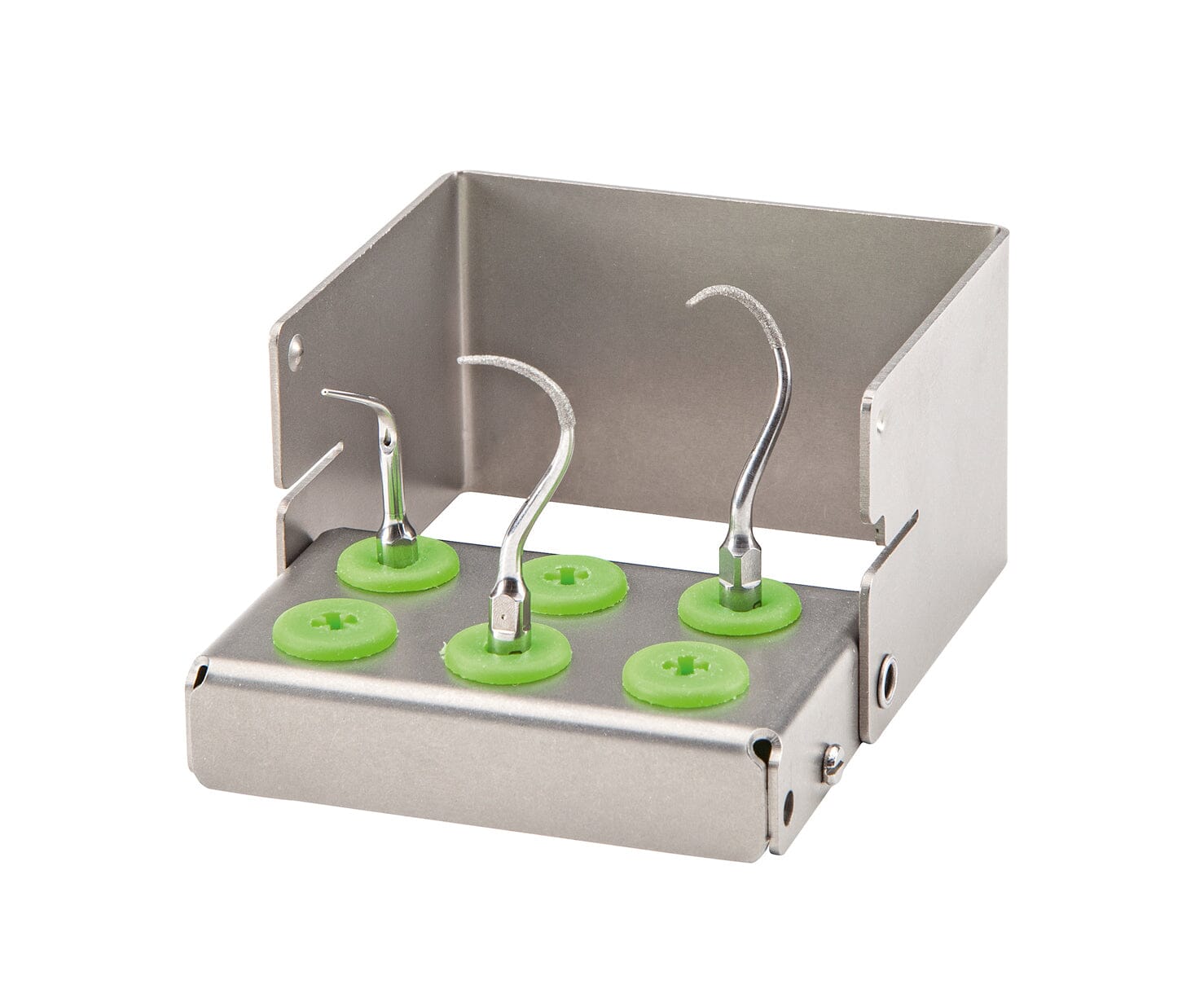 The W&H Instrument set "Perio" for Piezomed features three curved Perio scalers, each held upright in green circular holders, all displayed in a metal dental instrument set holder against a white background.