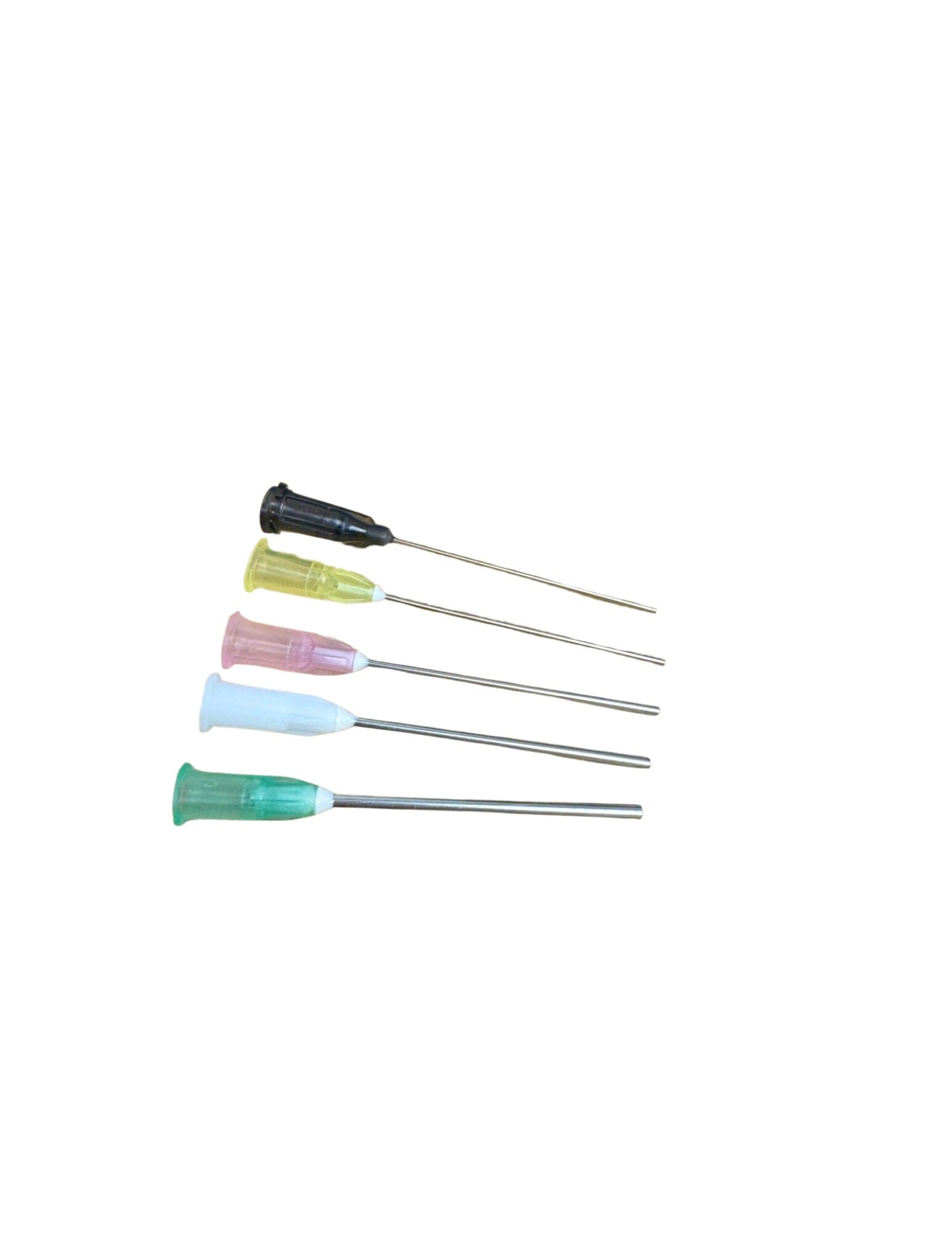 Five Disposable Luer Lock Needles for LLSXN Suction Tip by Quality Aspirators, each with colored plastic handles (black, yellow, pink, white, green), are lined up on a white background with metal tips facing right—perfect for medical irrigation.