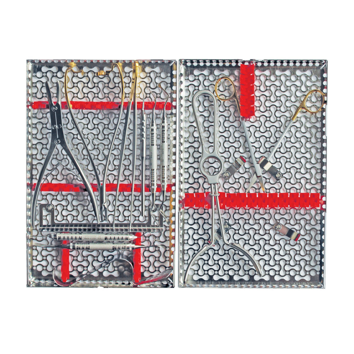 A Hu-Friedy MALO All-on-4 Implant Surgery Kit in a two-section metal tray, holding dental tools like forceps, clamps, and picks secured by red silicone rails.