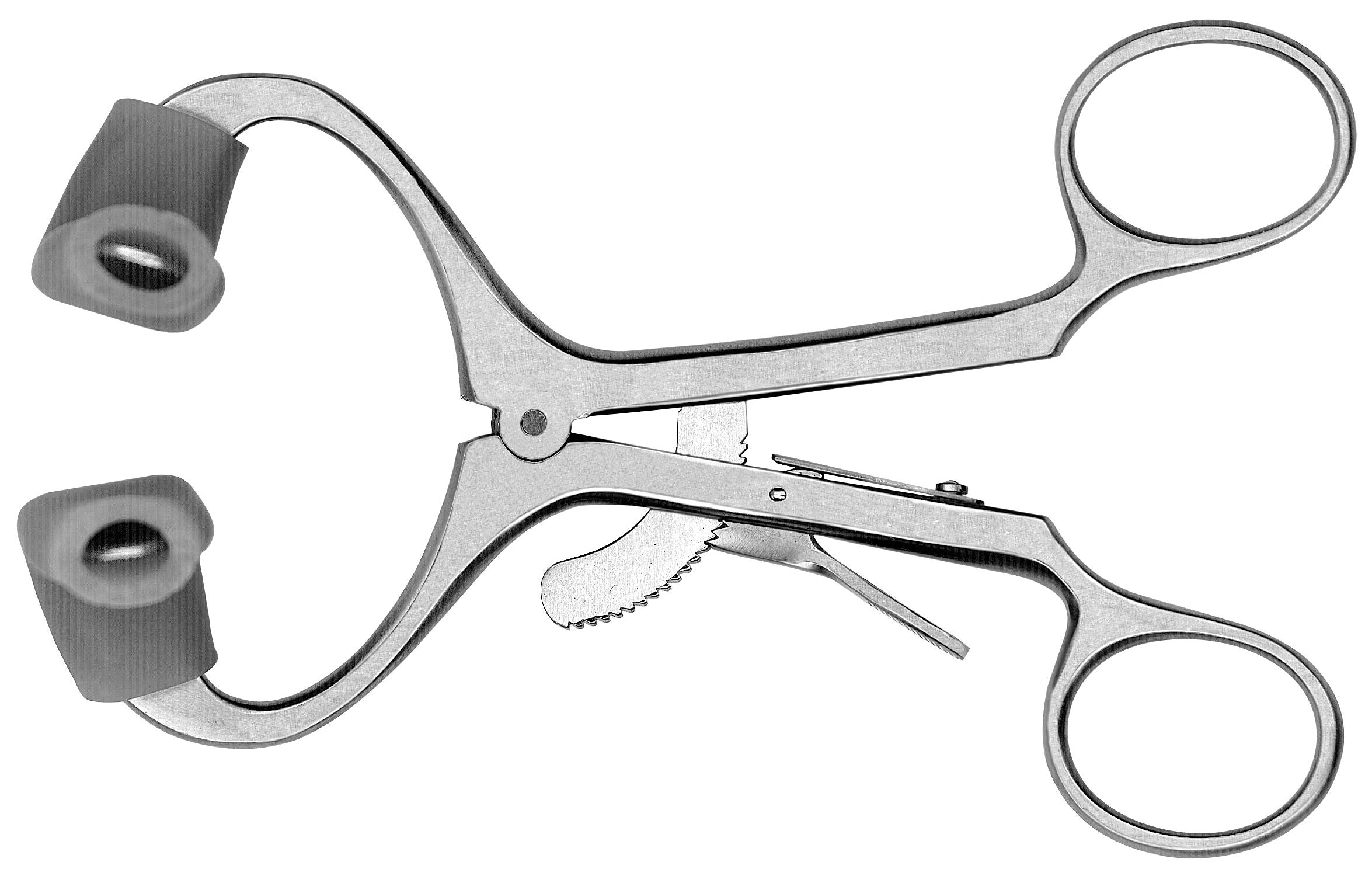 The Hu-Friedy Molt Mouth Gags by Hu-Friedy are metal medical instruments with two ring handles and curved arms, each tipped with a padded gray rubber cover, commonly used in dental extraction or TMJ trauma reduction procedures.