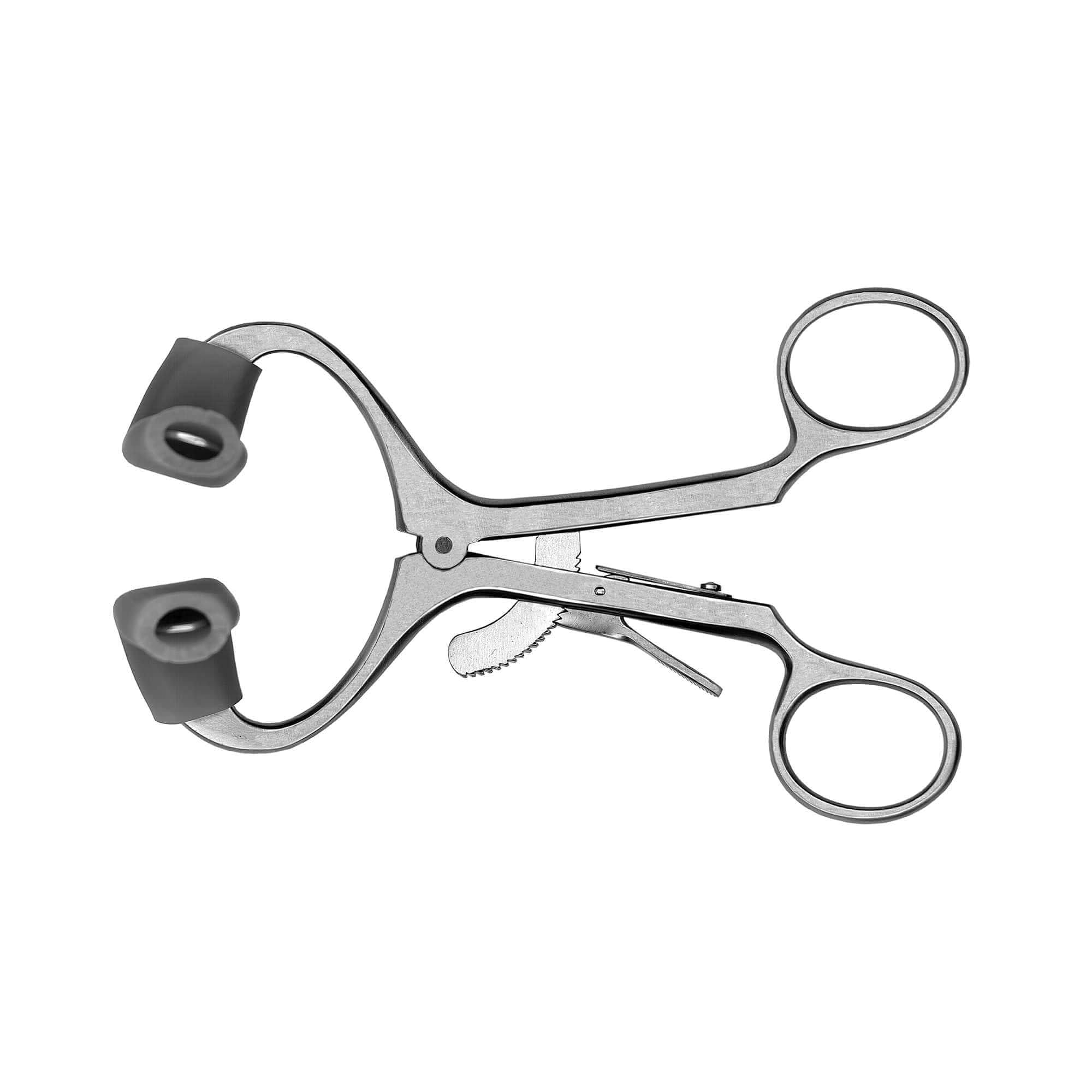 The Hu-Friedy Molt Mouth Gag features metal, scissor-like handles and two rounded silicone replacement tips, designed to gently separate tissue during procedures. Shown isolated on a white background.
