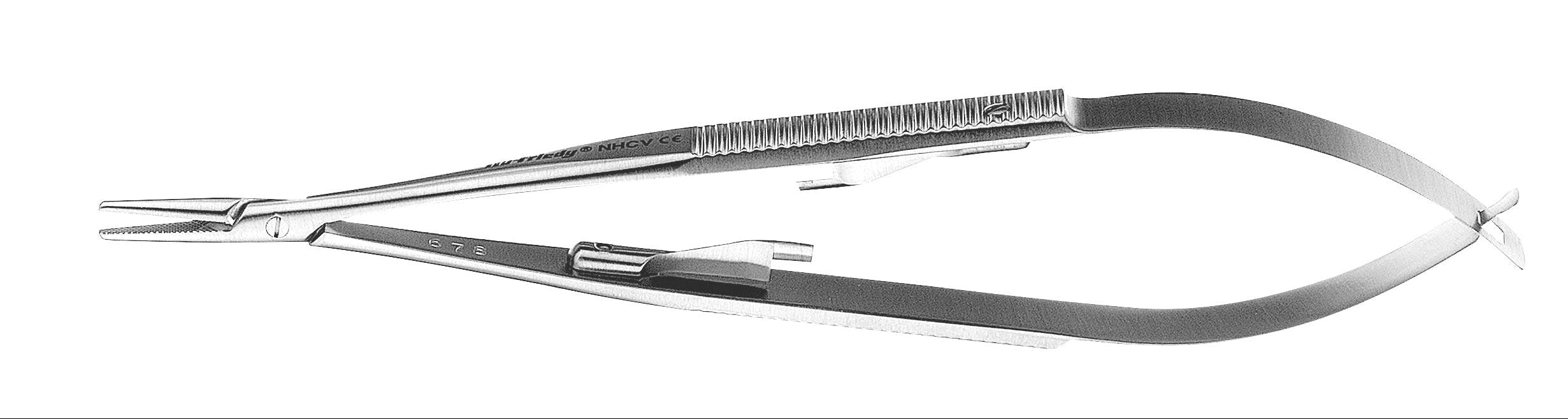 The Hu-Friedy Microsurgical Castroviejo Needle Holders by Hu-Friedy feature spring handles, serrated jaws, and a locking mechanism, making these stainless steel instruments ideal for holding needles during microsurgical procedures.
