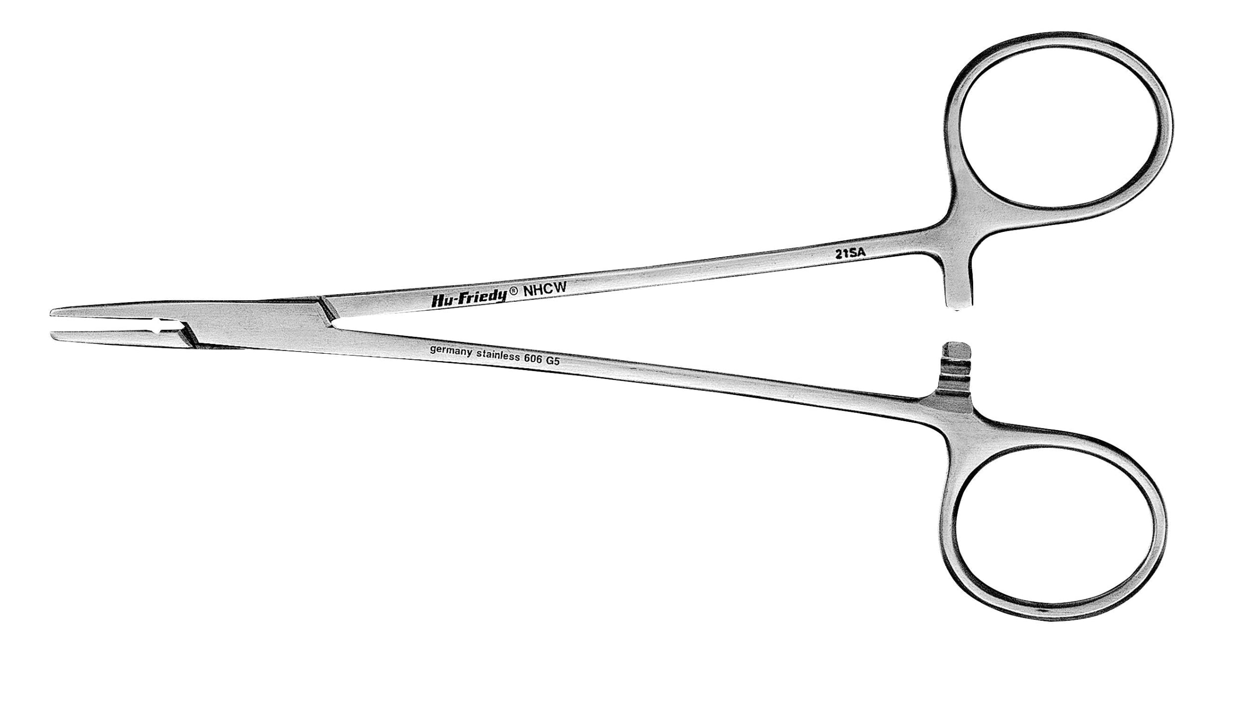The Hu-Friedy General Needle Holders by Hu-Friedy are stainless steel instruments with two finger loops and a locking mechanism, used in oral surgery to clamp blood vessels or tissues during dental suturing.