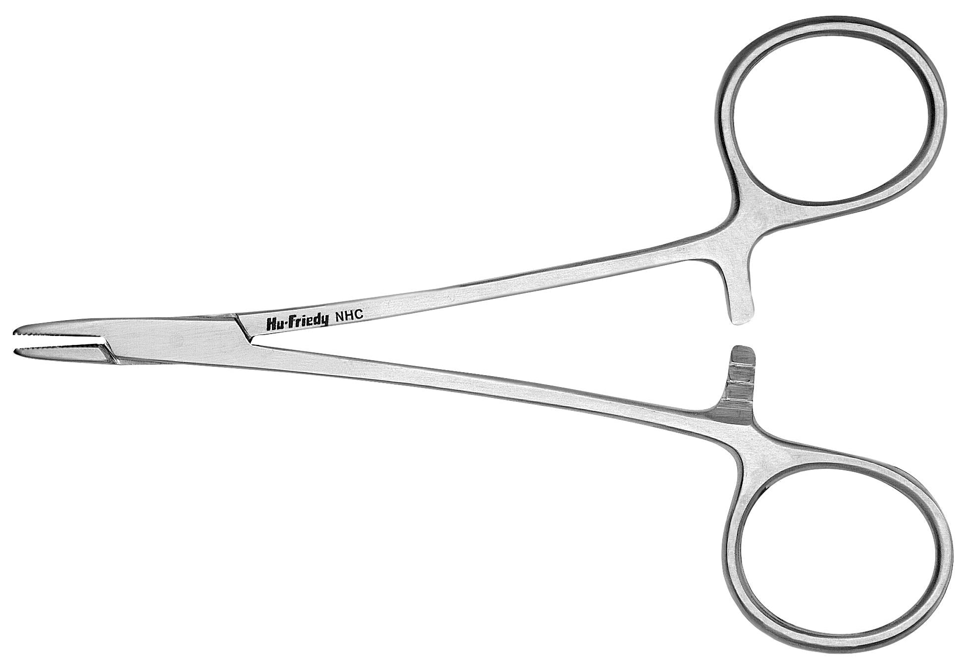 The Hu-Friedy General Needle Holders by Hu-Friedy feature stainless steel construction, curved handles, and a locking mechanism. Commonly used for suturing in medical, dental, and surgical settings. Shown on a white background.