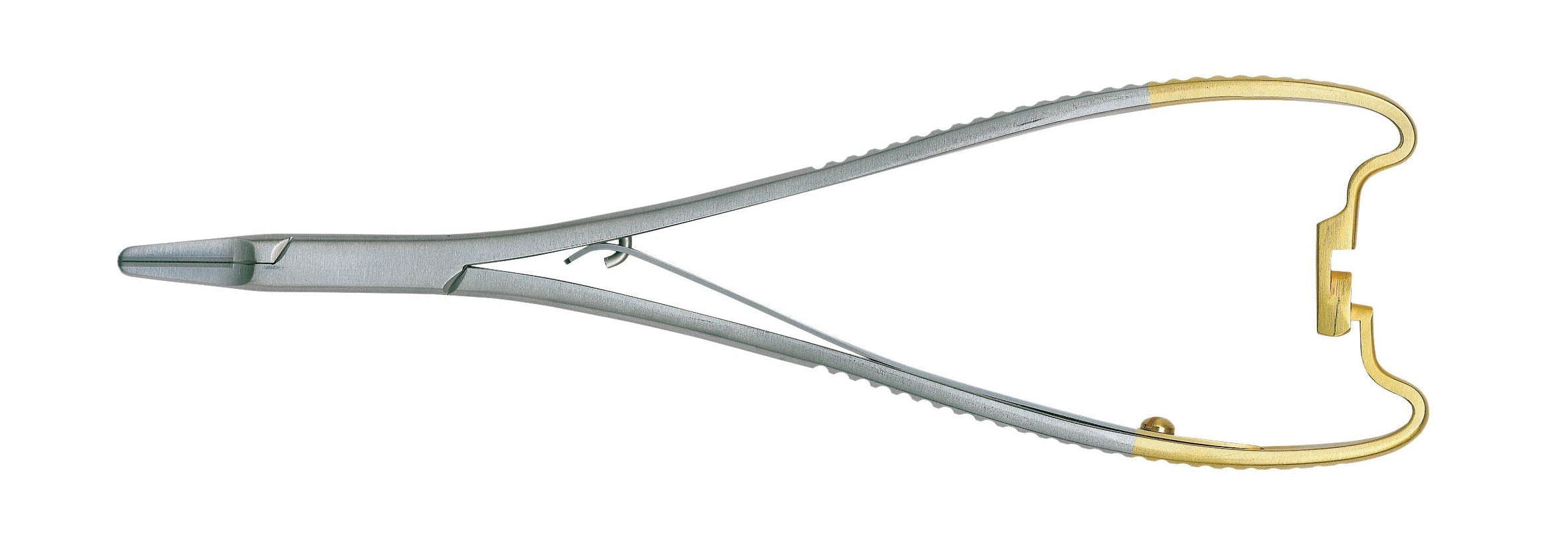 The Hu-Friedy Perma-Sharp® Needle Holder features palm-style handles, a gold handle, spring mechanism, and slender flat-tipped jaws for precise medical procedures. Brand: Hu-Friedy. Models: Mathie-Kocher & Lichtenberg.