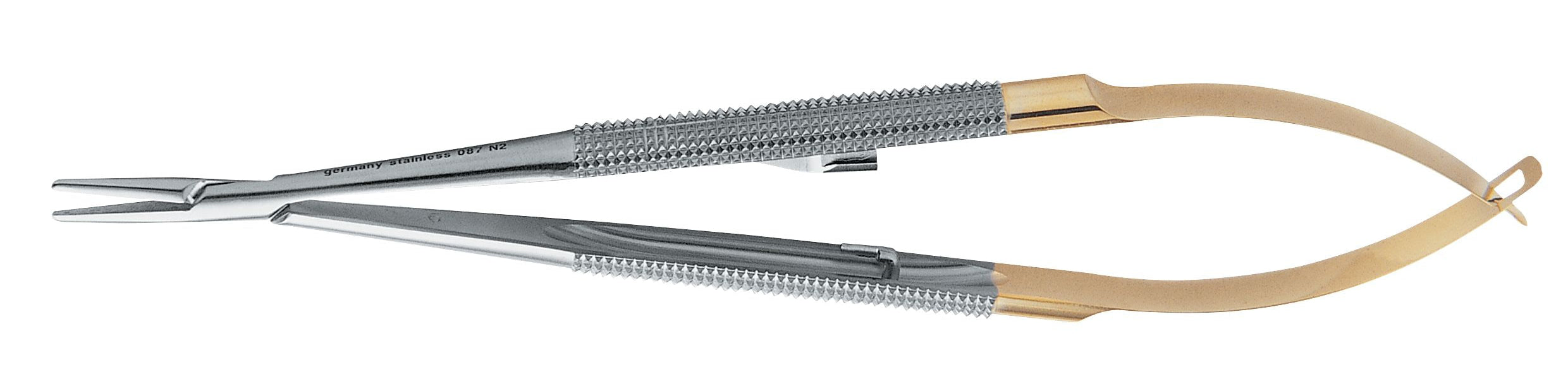 The Hu-Friedy Perma Sharp Diamond Dusted Castroviejo Needle Holders feature gold and silver-colored textured handles, diamond-dusted beaks, and a locking tip mechanism—perfect for precision in microsurgical procedures.