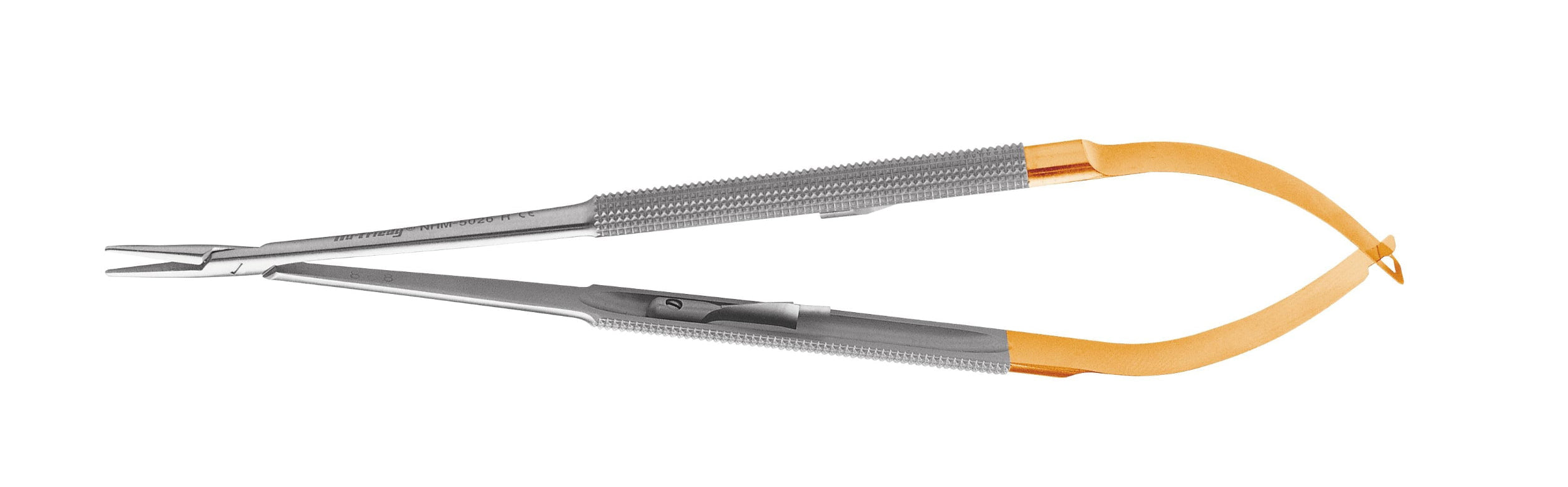 The Hu-Friedy Perma Sharp Diamond Dusted Castroviejo Needle Holders feature a silver metallic body, textured grip, and curved yellow handles, similar to classic Perma-Sharp designs, shown on a white background.