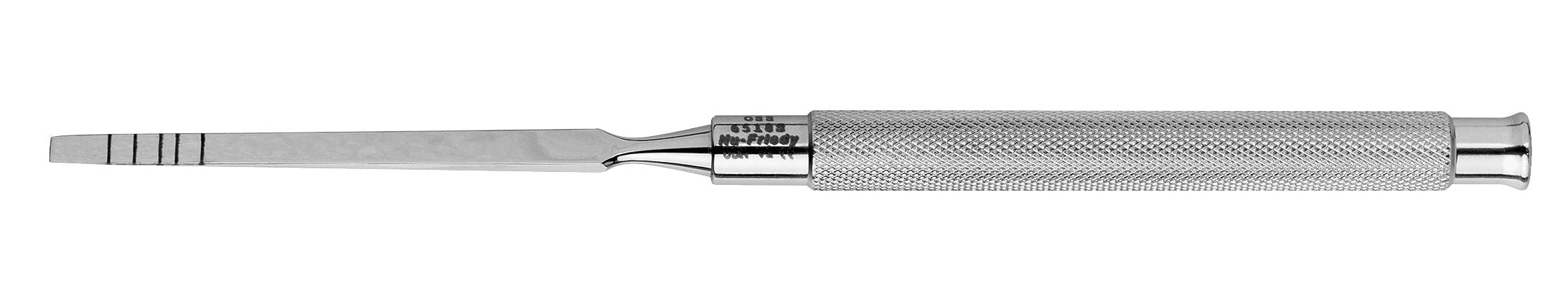 A close-up of a Hu-Friedy Chisel Osteotome, a flat metallic dental instrument with a textured cylindrical handle and notched tip, designed for alveolar bone preparation in oral and maxillofacial surgery.