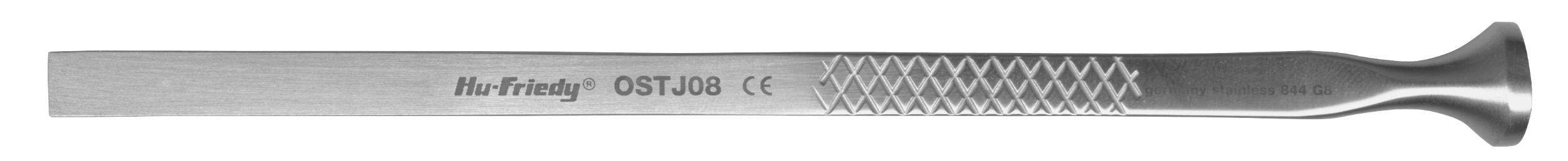 The Hu-Friedy Jovanovic 6mm Osteotome Chisel is a stainless steel dental instrument with a flat, textured handle and rounded end, designed for precision in oral surgery and bone cutting.