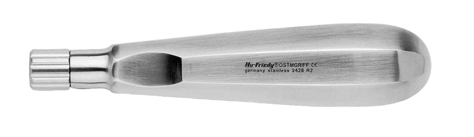 The Hu-Friedy Interchangable Osteotome Tips Handle is a stainless steel instrument for bone manipulation, with a rounded tapered handle and flat grooved end. Engraved “Mr. Friendly OSTMGRIFF, germany stainless 24/9 R2.” Compatible with osteotome handles.