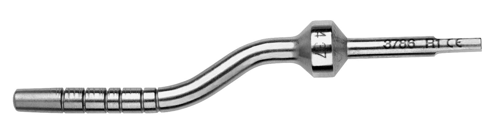 A close-up of the Hu-Friedy Tapered Convex Tip Osteotome, a metallic dental instrument with ridged sections and engraved markings, used in oral and maxillofacial surgery for precise bone procedures.