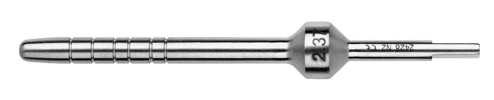 A close-up of a Hu-Friedy Tapered Convex Tip Osteotome, a metallic dental tool with grooves on one end, a wider hexagonal section marked "2 3," and a thin, smooth shaft at the other. Brand: Hu-Friedy.