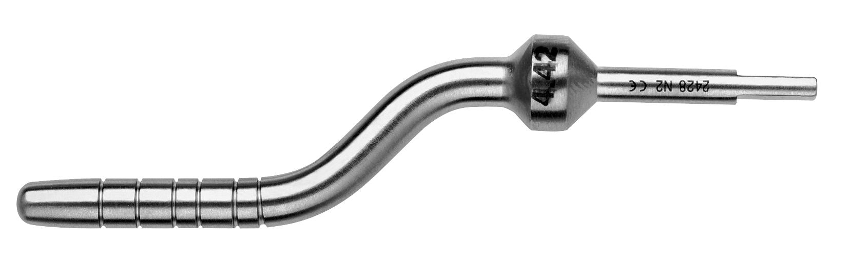 The Hu-Friedy Tapered Convex Tip Osteotome is a metallic, curved surgical instrument with a grooved handle, engraved markings, and the number 42 near the center—ideal for oral and maxillofacial surgery.