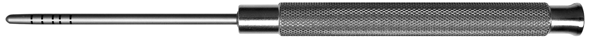 A close-up image of Hu-Friedy Palti Osteotome Chisels, a metal hand tool with a knurled handle, cylindrical rod, evenly spaced grooves, and laser-etched depth markings near the tip.