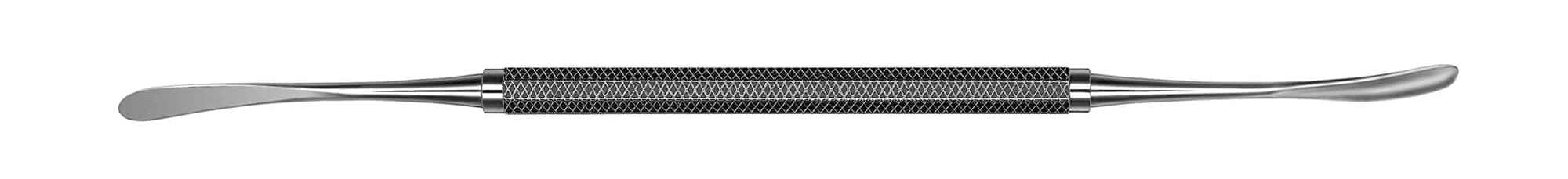 The Hu-Friedy #14 Goldman-Fox Periosteal is a double-ended dental instrument with a textured center grip and flat, curved spatula tips on both ends, shown isolated on a white background.