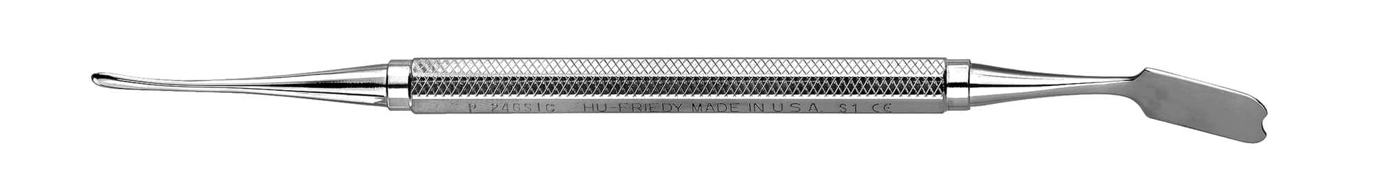 The Hu-Friedy #24G SICILIA PERIOSTEAL is a double-ended stainless steel dental instrument with one curved, pointed tip and one flat, paddle-shaped tip, plus a central textured grip—perfect for periosteal procedures.