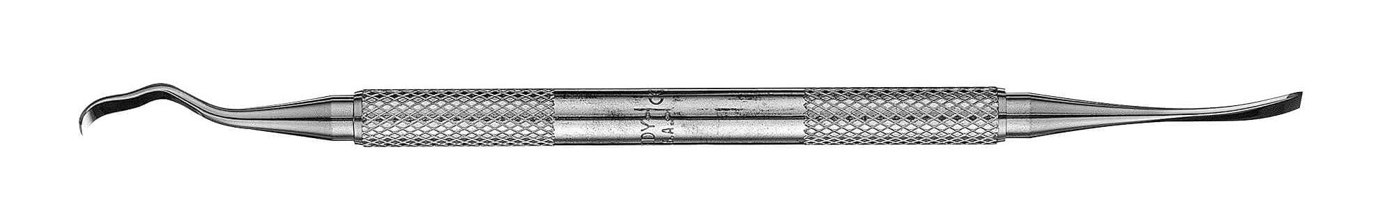 The Hu-Friedy S13K/TG Jovanovic Chisels by Hu-Friedy are double-ended dental tools made of surgical-grade stainless steel with a textured grip and curved, pointed tips on both ends for scaling and cleaning teeth.