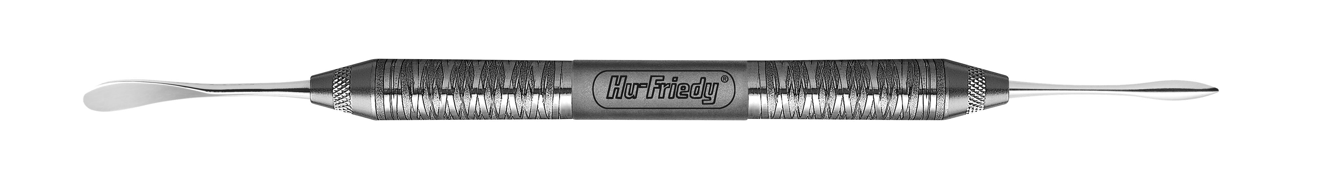 The Hu-Friedy 1 Kramer-Nevins Periosteal Elevator is a double-ended metal tool with textured grips and curved, spoon-shaped tips on each end, ideal for mucoperiosteum reflection in periodontal surgery. "Hu-Friedy" is engraved at the center.