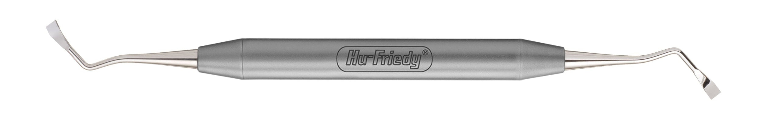 The Hu-Friedy Pink Matters PM Edge Crestal Bone Chisel is a double-ended stainless steel dental tool with angled, flat tips on each end, ideal for periodontal procedures and engraved with the Hu-Friedy brand on the handle.