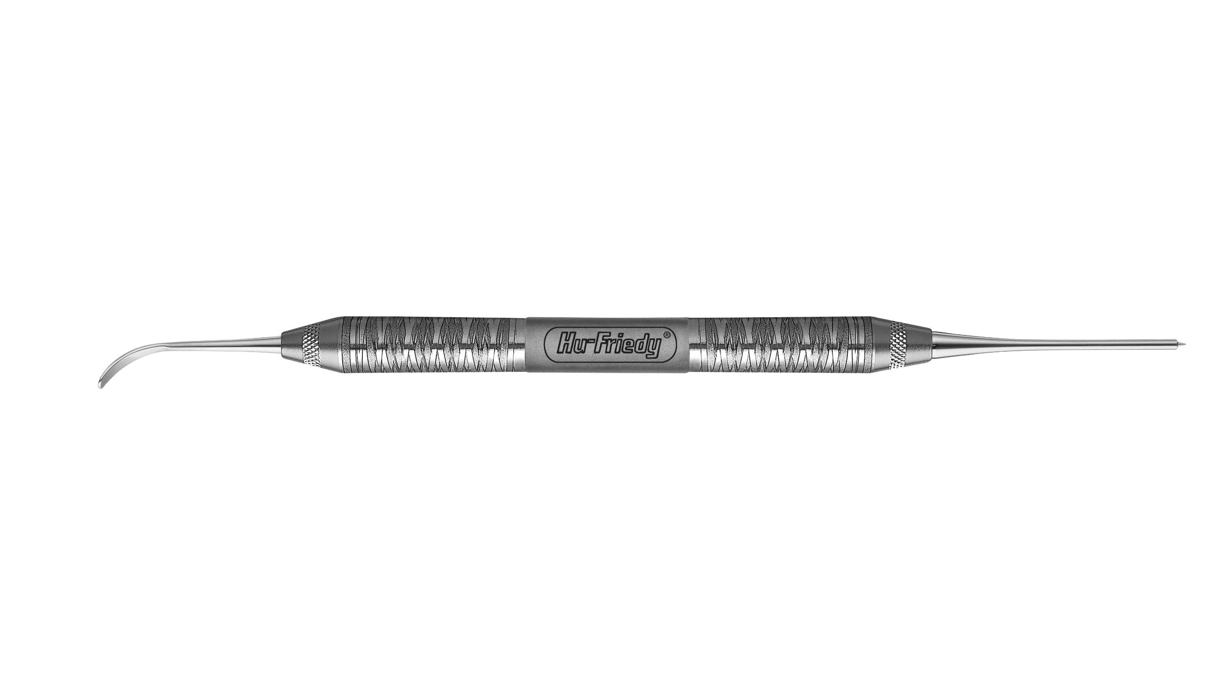 The Hu-Friedy Euwe Membrane Placement Instrument is a stainless steel dental tool with a textured grip, featuring a curved tip on one end and a straight, pointed tip on the other, designed for soft tissue grafting procedures.