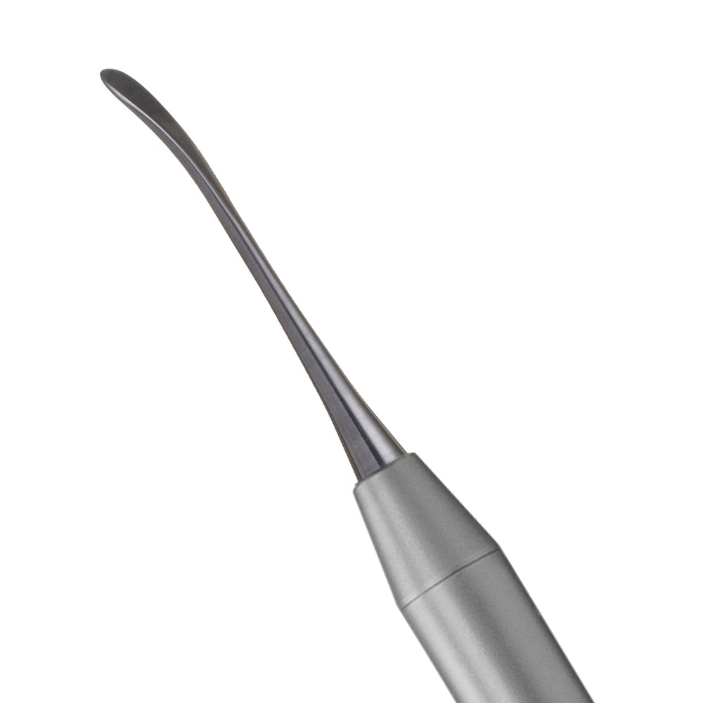 A close-up of the Hu-Friedy Pink Matters PM Split Periosteal, Short, Black Line by Hu-Friedy—a metal elevator with a curved, flat tip—used for flap elevation in periodontal surgery, shown against a white background.