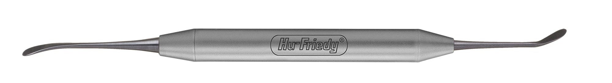 The Hu-Friedy Pink Matters PM Split Periosteal, Short, Black Line is a double-ended instrument with curved, flat tips and a metallic handle, designed for periodontal surgery or full-thickness flap elevation in dental procedures.