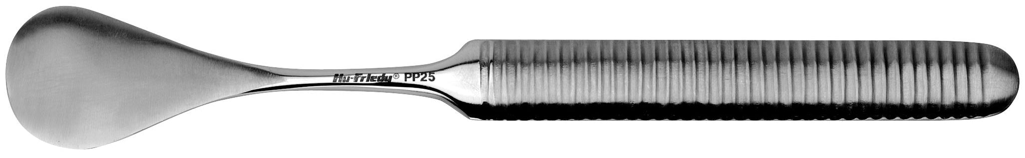 The Hu-Friedy #25 Palti Periosteal Elevator is a metal medical instrument with a flat, paddle-shaped end and ribbed handle, commonly used in oral surgery for mucoperiosteal reflection.