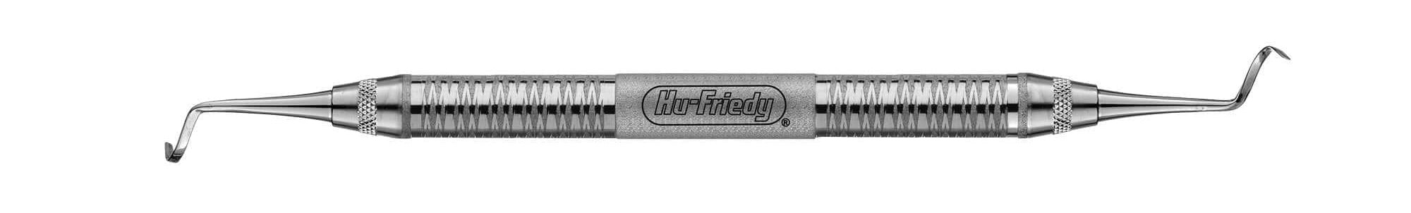 The Hu-Friedy Allen Periosteal Elevator, Posterior, features a stainless steel, double-ended design with angled, pointed tips and a textured grip for enhanced control, shown isolated on a white background.