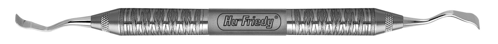 The Hu-Friedy Buser Modified Periodontal Chisels are double-ended dental scalers with textured steel grips and curved tips, designed for effective teeth cleaning and similar to other bone removal instruments.