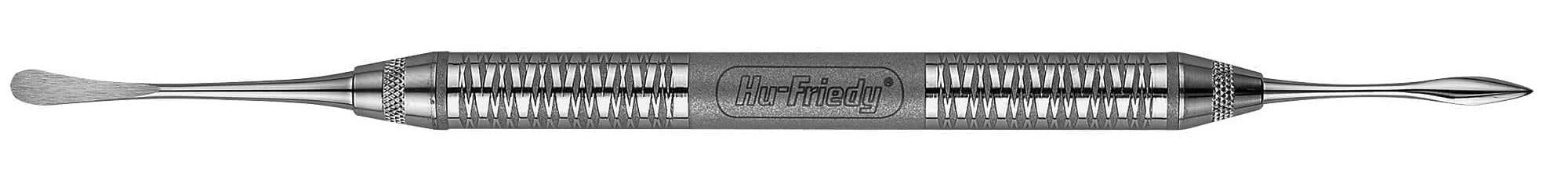 The Hu-Friedy 2 Labanca Modified Periosteal Elevator by Hu-Friedy is double-ended with a textured grip, one flat rounded tip for flap elevation, and one curved pointed tip. The center reads Dr. Talbot. Ideal for oral surgery procedures.