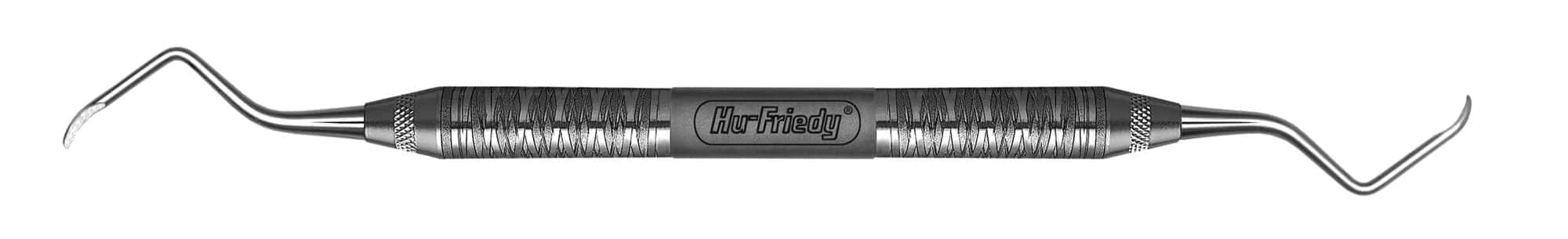 The Hu-Friedy Prichard Periodontal Surgical Curette is a stainless steel instrument with a textured grip and curved, pointed tips at both ends, designed for surgical debridement or cleaning teeth in dental procedures.