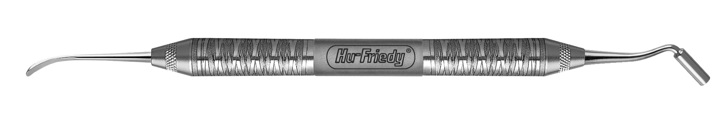 The Hu-Friedy TAHMASEB Sinus Lift Instrument/Bone Plugger is a double-ended stainless steel tool with textured grips, featuring a curved pick and an angled flat blade for bone graft condensation, branded Hu-Friedy.