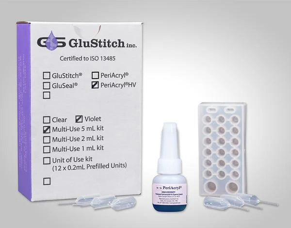 The Glustitch PeriAcryl Oral Tissue Adhesive kit (Standard & High Viscosity) includes a labeled box, bottle, white tray with vials, and applicator tips—perfect for oral tissue adhesive applications.