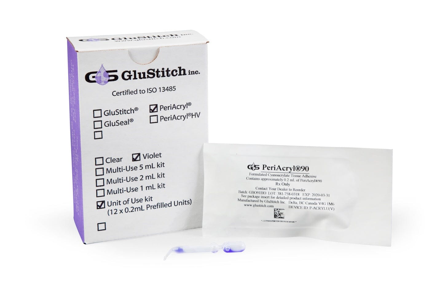 A box labeled Glustitch stands upright beside a foil packet and a clear applicator with purple liquid, highlighting PeriAcryl Single Dose Oral Tissue Adhesive (0.2 mL x 12), designed for oral surgical site protection.