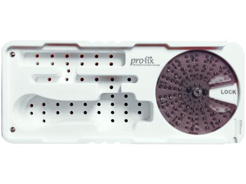 A white plastic Osteogenics Pro-Fix Autoclavable Tecapro storage tray holds a handheld shower head with a dial and multiple spray holes, plus accessories, neatly organized for easy access.