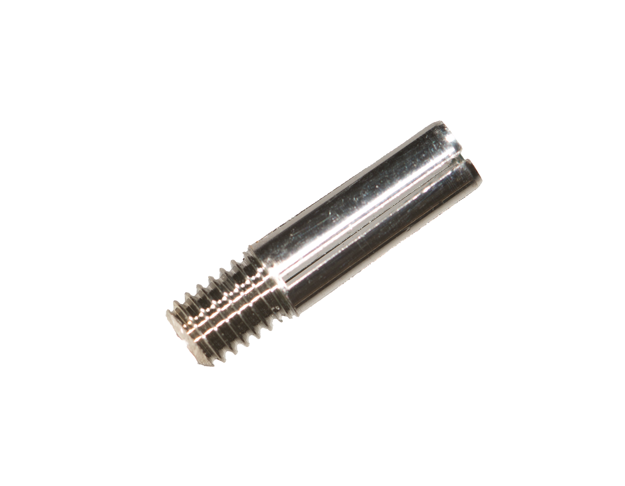 A close-up of the McBio SuperTack Back Applicator Tip – Replacement, a small shiny metal rod with threading on one end, designed as a replacement part, shown isolated on a white background.