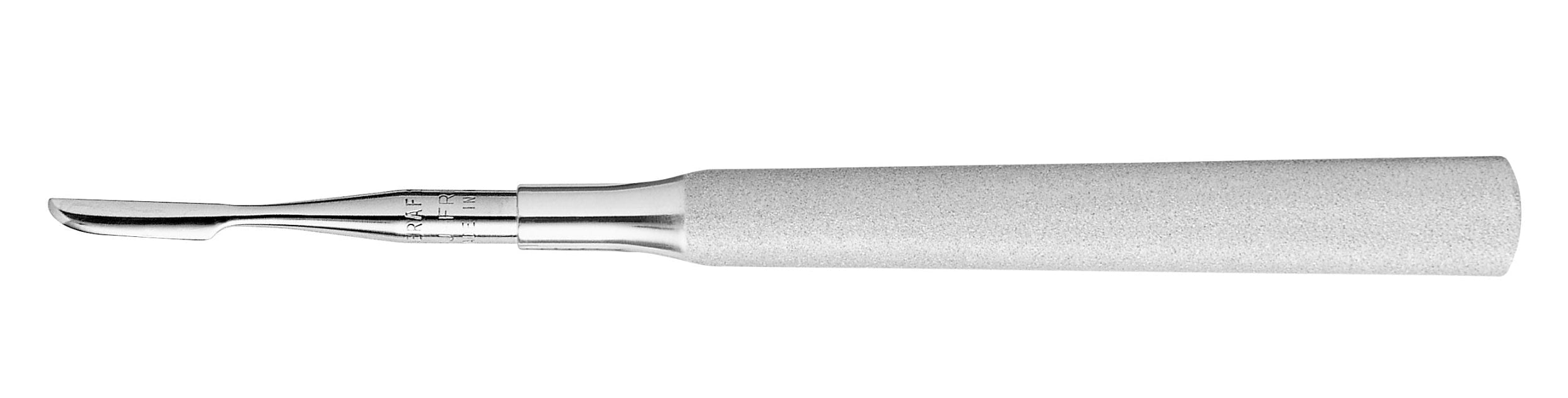 The Hu-Friedy RAF Root Tip Pick by Hu-Friedy is a stainless steel dental tool with a curved, flat blade and textured cylindrical handle, designed for fractured root removal and shown on a white background.