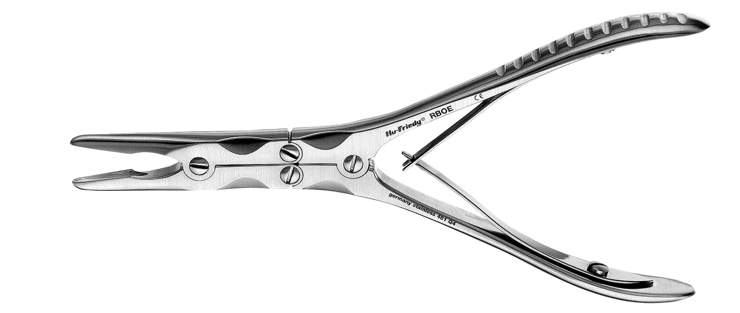 The Hu-Friedy Boehler Straight Double-Action Rongeurs, a stainless steel oral surgery instrument by Hu-Friedy with scissor-like handles and serrated tips, is shown vertically against a white background.
