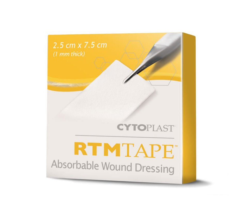 A yellow and white Osteogenics box labeled RTMTape Resorbable Bovine Collagen Wound Dressing (2.5 x 7.5 cm) is shown with tweezers holding the collagen tape, ideal for soft tissue wound coverage.