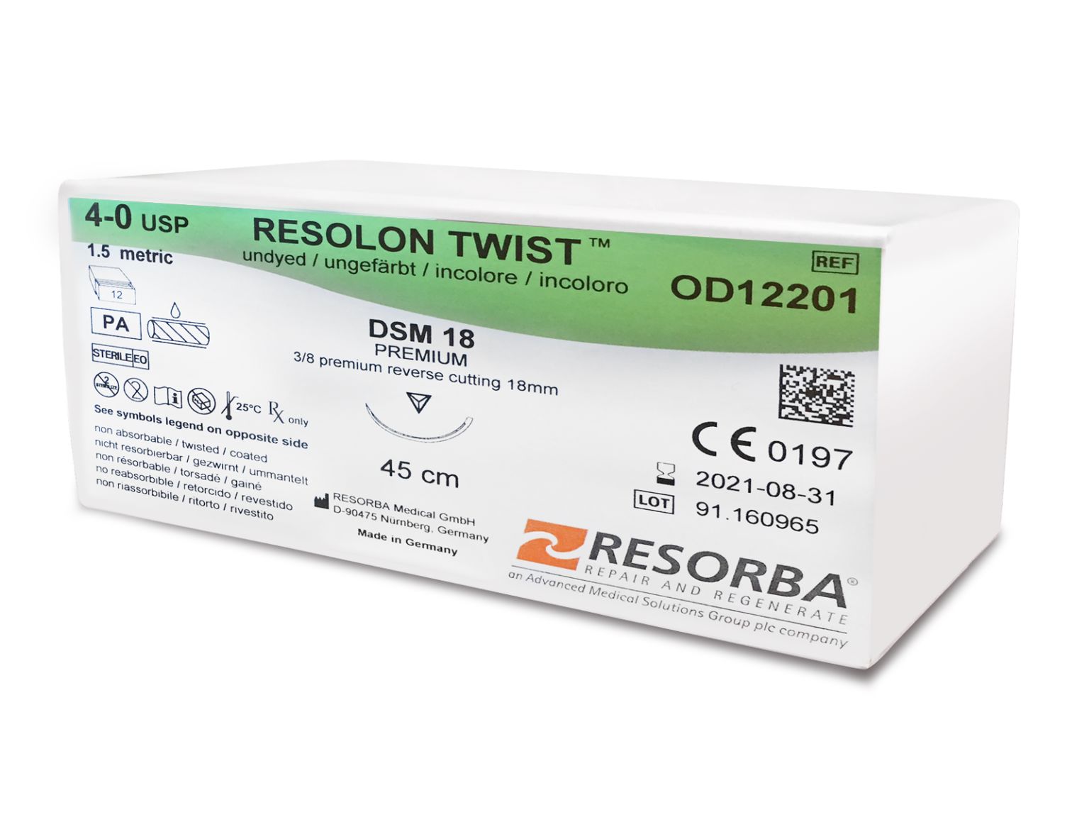 A box of Resorba Resolon Twist Nylon Sutures, non-absorbable pseudo-monofilament dental sutures (4-0 USP, 1.5 metric, reverse cutting 18mm needle, 45cm), with full product and manufacturer info on the packaging.