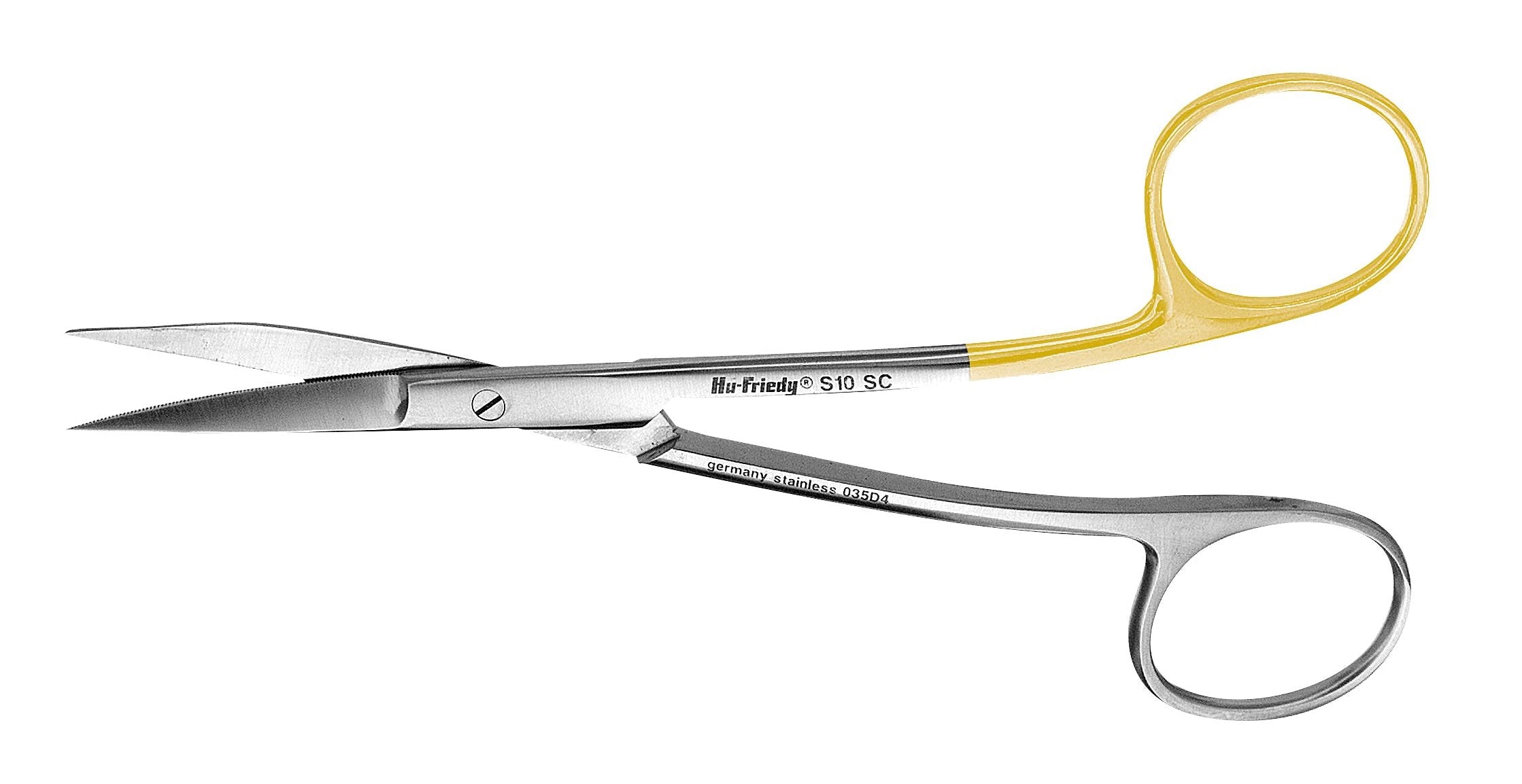 Hu-Friedy #10 Double-Curved Scissors by Hu-Friedy feature confined access, Super Cut stainless steel blades, and Xemax design—ideal for precise soft-tissue trimming or delicate suture cutting.
