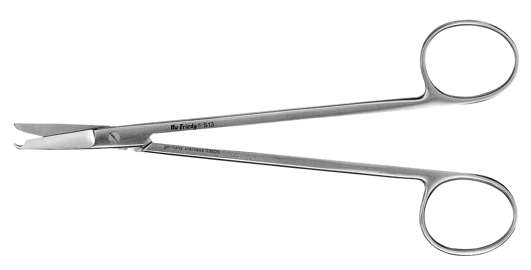 The Hu-Friedy 13/13S Suture Scissors (Notched Tip) by Hu-Friedy, designed for cutting bandages or dental suture removal, features a notched tip and is shown against a white background.