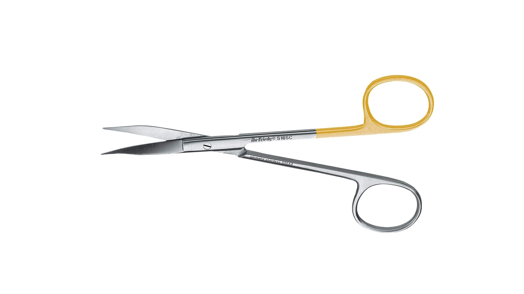 The Hu-Friedy Goldman-Fox Scissors, by Hu-Friedy, feature curved blades for precise soft-tissue handling in oral surgery. One handle is gold, the other silver, shown against a white background.