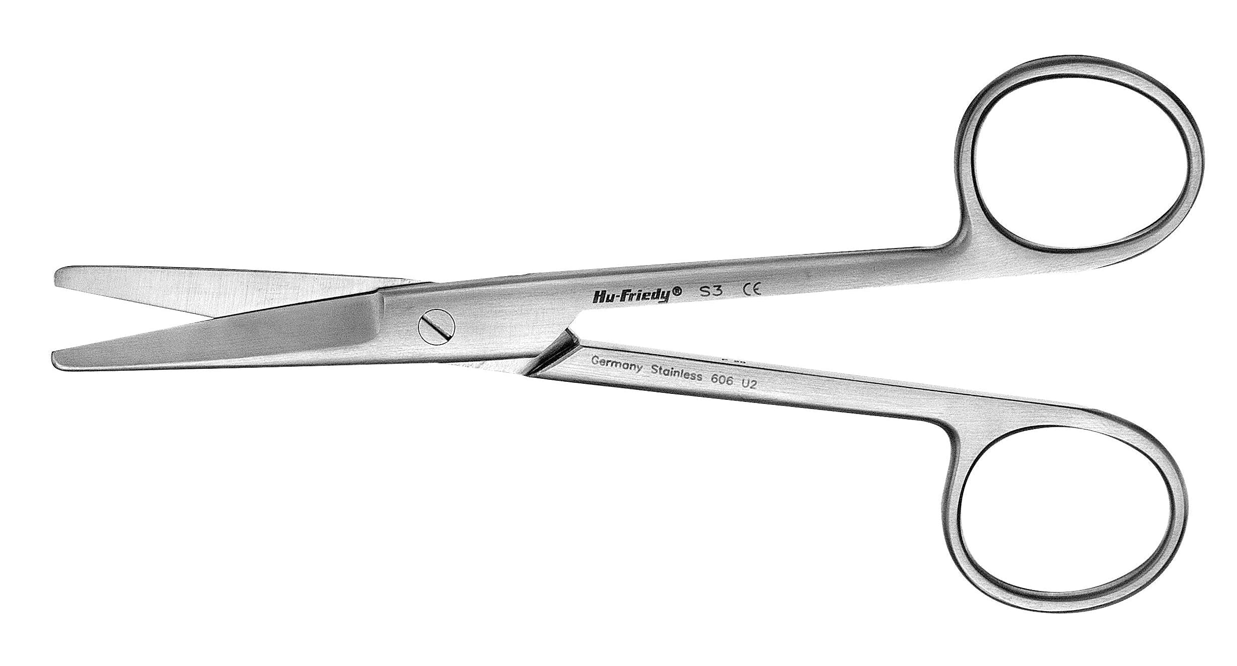 A pair of Hu-Friedy Mayo Scissors by Xemax, heavy-duty surgical scissors with large finger loops and blunt, rounded tips, lie on a white background. These scissors feature a slightly curved stainless steel blade.