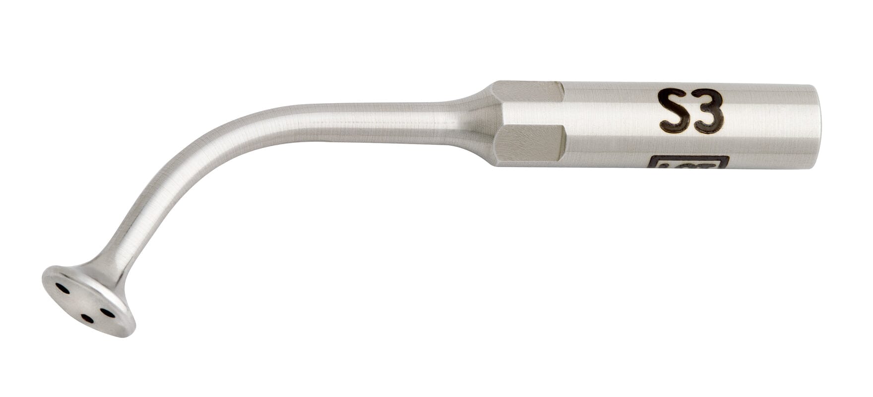 The W&H S3 barbell style tip for Piezomed is a metal dental tool with a flat round tip with 3 holes for irrigation. The angled S3 tip and "S3" engraved on its cylindrical handle, designed for sinus surgery, shown on a white background.