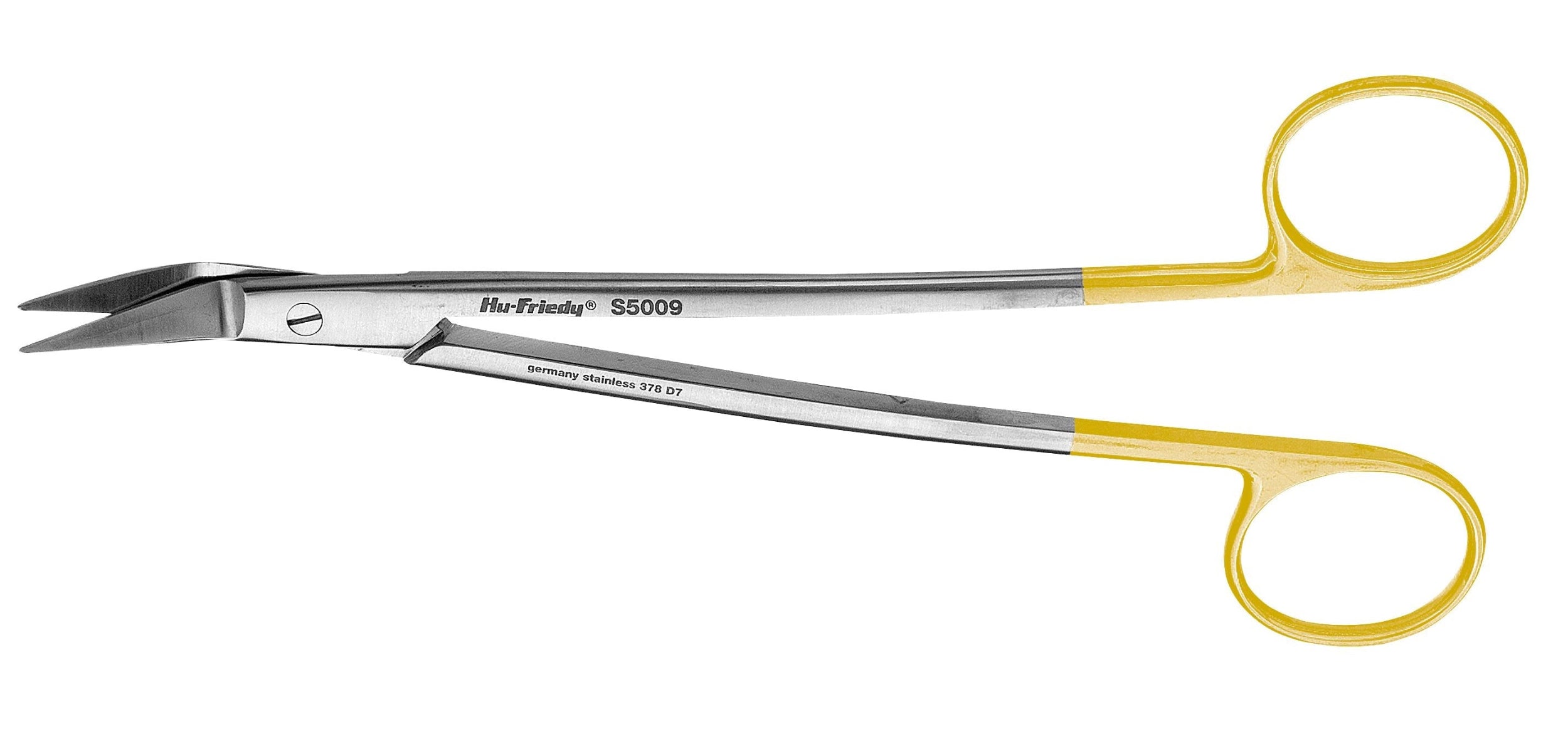 The Hu-Friedy Dean Scissors feature curved stainless steel blades, yellow handles, and two finger loops, making them ideal for periodontal surgery. Made by Hu-Friedy and shown against a white background.