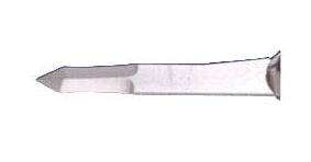 Close-up of a Surgistar Miniature Scalpel Blade - Malleable, featuring a beveled edge and pointed tip for precise cutting, displayed horizontally against a white background.