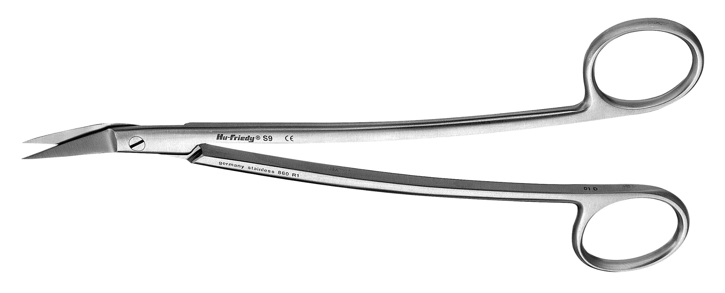 A pair of Hu-Friedy Dean Scissors with sharp angled blades and large finger rings, made of stainless steel, ideal for suture cutting, displayed on a white background.